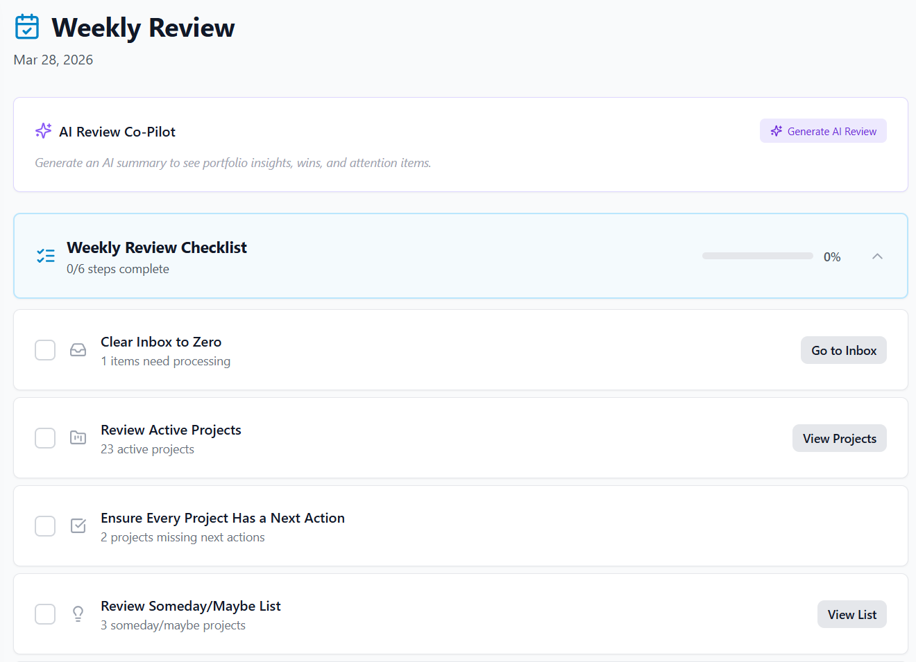 Conduital Weekly Review checklist with AI co-pilot, inbox clearing, and project review steps